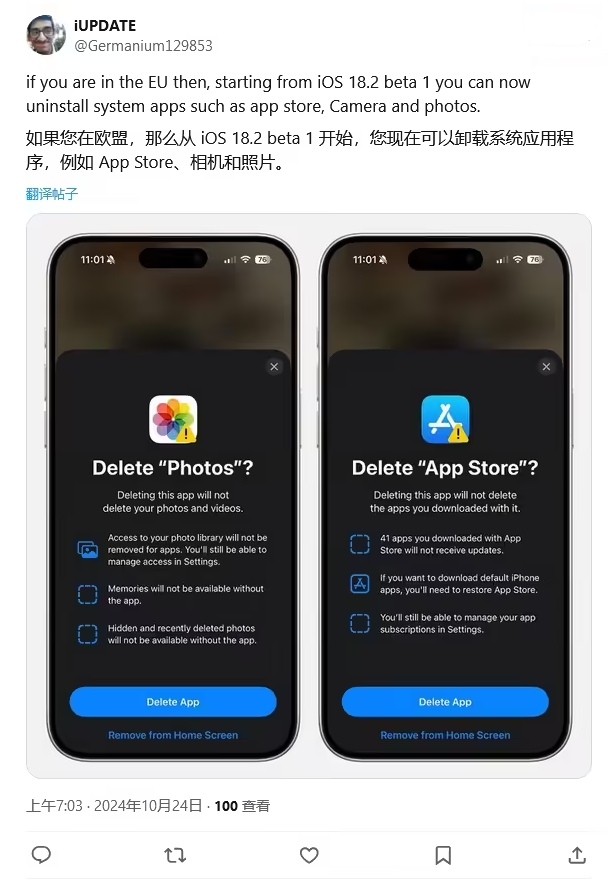 布拖苹果手机维修分享iOS 18.2 支持删除 App Store 应用商店 