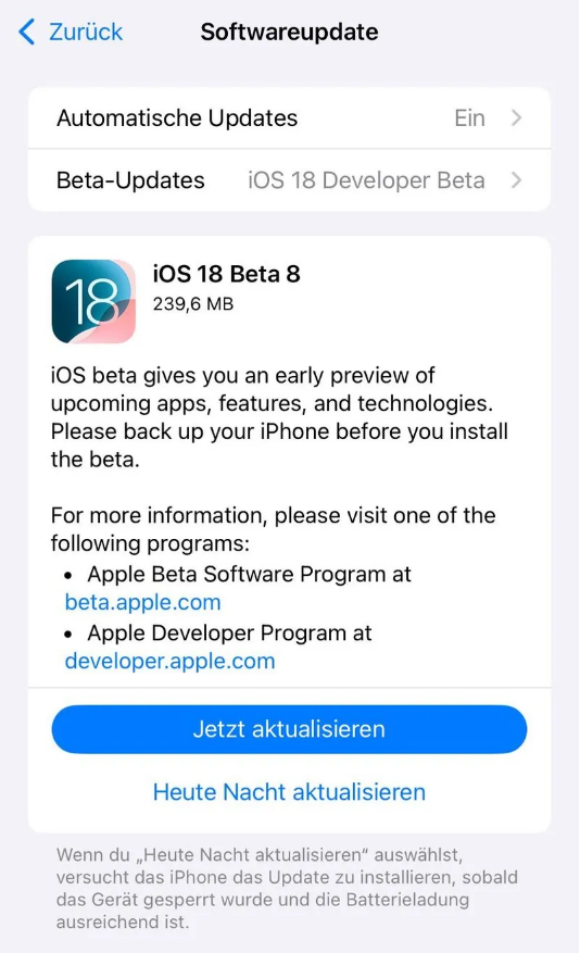 布拖苹果手机维修分享苹果 iOS / iPadOS 18 开发者预览版 Beta 8 发布 